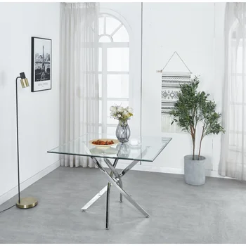 Обеденный стол из серебра и стекла, современная квадратная столешница из закаленного стекла, размер: 39,4 