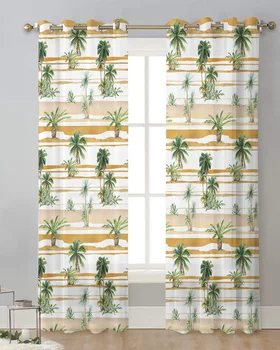 Летняя акварельная занавеска в стиле ретро с пальмами, тюлевые занавески для гостиной, Обработка кухонных окон, Вуалевые занавески