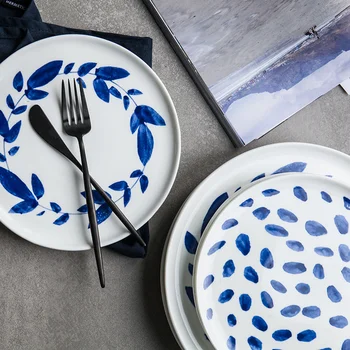 8-Дюймовая 10-дюймовая керамическая посуда и тарелки с глазурованным декором, Точечные линии, Фарфоровый круглый завтрак в простом европейском стиле