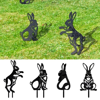 Скульптура с силуэтами пасхальных кроликов из черного металла, статуя кролика во дворе, художественные поделки, украшения для газона на открытом воздухе
