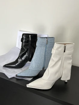Женские ботинки до середины икры с острым носком, черные / Белые /синие, Зима-осень, ботильоны 