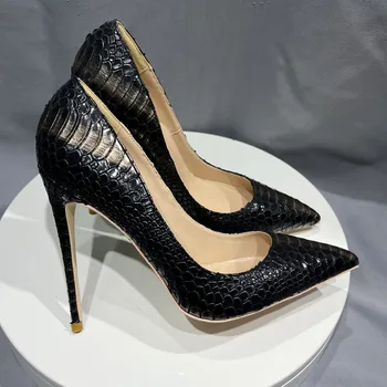 Классические Женские туфли-лодочки из Змеиной кожи 2022 года 12 см/10 см/8 см на очень высоком каблуке С острым носком, Вечерние туфли, Размер 43 44 45