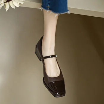 Французская обувь Mary Jane Элегантный стиль, блокирующий цвет, Квадратная головка, Мелкий рот, пуговичный ремень, Высокие каблуки, Темперамент женщин на толстом каблуке