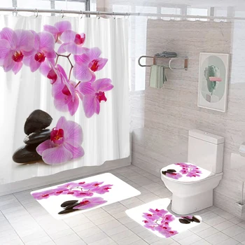 Розовые цветы цветочный душ шторы водонепроницаемый ванная комната занавес ткань украшение коврик для ванной набор туалет, ковер туалет аксессуары