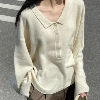 Женский Белый кашемировый свитер с отложным воротником и половинками пуговиц, длинные рукава, заниженные плечи, Модные пуловеры Оверсайз, Трикотаж