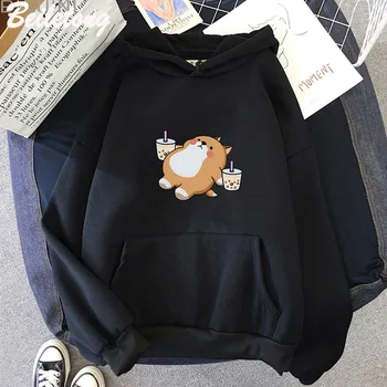 Толстовка Boba Tea с капюшоном и принтом милой собаки, толстовка с капюшоном большого размера, одежда с героями мультфильмов Kawaii, Повседневный пуловер Harajuku Wram для девочки