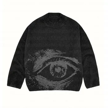 Мужской женский вязаный свитер Y2K Harajuku eye Graphic ретро винтажный вязаный свитер унисекс хлопковый пуловер для пары свитер винтаж