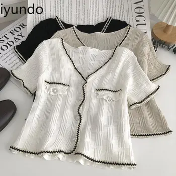Летние рубашки Iyundo, женские милые топы с коротким рукавом и V-образным вырезом, Элегантный модный кардиган в корейском стиле, рубашка контрастного цвета 2023 года.