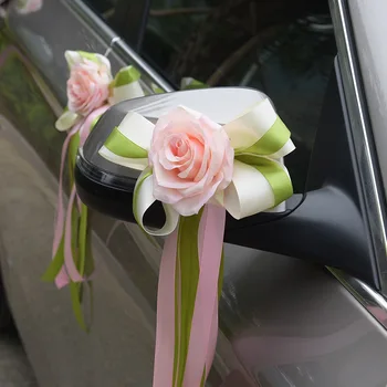 Розовые прекрасные цветы с лентой для украшения свадебного автомобиля Дверные ручки автомобиля Зеркало заднего вида Цветочные украшения