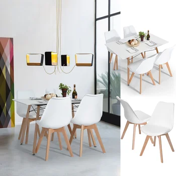 Набор из 4 обеденных стульев с ножками из искусственной кожи и массива дерева Бук \ Белый Пластик [на складе в США]