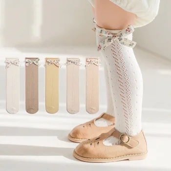 Носки с длинными трубками для девочек, Испания, выдолбленные сетчатые носки с цветочным бантом, детские гольфы принцессы, чулки Sweet Girls
