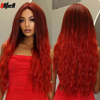 Красные волнистые синтетические парики для косплея, длинные свободные волнистые парики Омбре средней части для чернокожих женщин, парик из натуральных волос для вечеринки, термостойкий