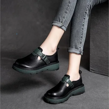 RUSHIMAN Модная осенняя женская обувь 2021 года, Винтажная женская обувь ручной работы из натуральной кожи на плоской платформе, комфортная обувь на платформе черного цвета