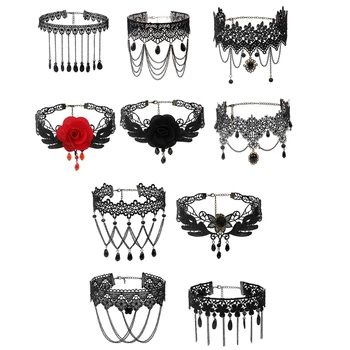 H9ED Элегантное Черное кружевное колье-цепочка на шею Victoria, эффектное ожерелье в подарок, Ins