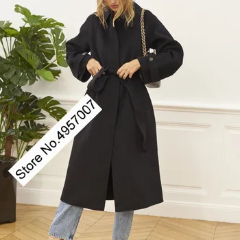 Женская шерстяная длинная куртка с поясом - Женское шерстяное повседневное пальто с отворотом черного / коричневого цвета