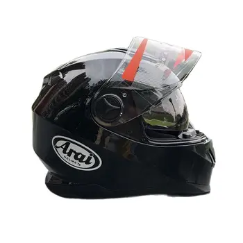 Ярко-черный мотоциклетный шлем С двойным козырьком, полнолицевой шлем Внутри С маленькими солнцезащитными очками, защитный шлем для мужчин и женщин