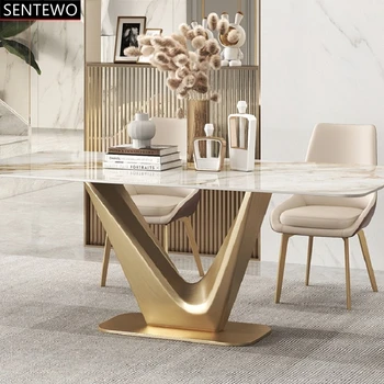 Роскошный обеденный стол из каменной плиты, обеденный стул с металлическим титановым золотым основанием, стол из искусственного мрамора, набор обеденных стульев, шезлонг, ясли