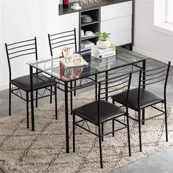 Обеденный стол из 5 предметов, обеденный стол со столешницей из закаленного стекла и 4 стульями, для кухонной мебели, черный