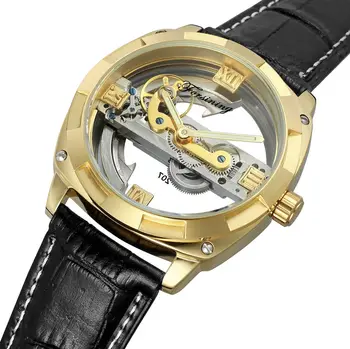 Forsining Мужские механические роскошные часы с автоматическим заводом, черный кожаный ремешок, полые наручные часы