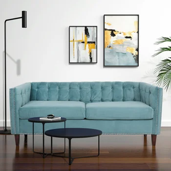 Современный бархатный диван 77,5 дюйма, расклешенный подлокотник с реверсивной подушкой, трехместный диван из роскошной ткани Diamond Light, ножки из массива дерева