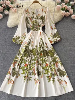 Модное женское платье с винтажным принтом, новые платья Миди во французском стиле с V-образным вырезом и длинным рукавом, элегантное летнее повседневное платье трапециевидной формы