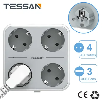 Удлинитель TESSAN Multi-tap Power Strip EU KR Plug с 4 Розетками и 3 USB-портами, Адаптер для настенных розеток с несколькими Европейскими розетками