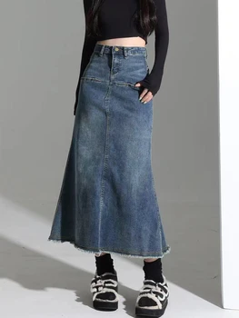 Женская юбка Y2k в стиле пэчворк с высокой талией, Винтажные синие однотонные дизайнерские женские джинсовые юбки, Уличная одежда, Весна 2023, Тонкие Корейские основы