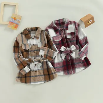 FOCUSNORM/ осенне-зимнее пальто для девочек от 5 до 10 лет, повседневные однобортные куртки с длинными рукавами и принтом в клетку, с поясом