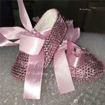 Румяна, розовые стразы, Блестящая детская обувь, Балерина, атласная, изготовленная на заказ, Блестящая DMC glass Cirb, детская обувь на Крестины, 1-й день рождения