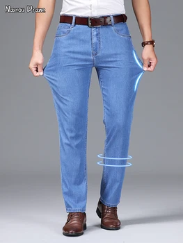 Плюс размер 42 Мужские джинсы Весна Лето Тонкие повседневные деловые модные светло-голубые стрейчевые джинсовые брюки Мужская брендовая одежда