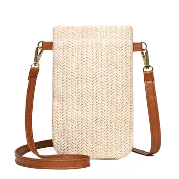 Летняя плетеная соломенная сумка через плечо, женские пляжные сумки через плечо из ротанга в богемном стиле, маленький однотонный кошелек для мобильного телефона, монет
