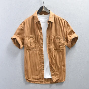 Мужская рубашка в клетку из 100% хлопка, летние Новые Свободные топы с коротким рукавом, мужская рубашка с отложным воротником и пуговицами