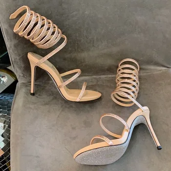 Серебристые блестящие вечерние туфли на высоком каблуке сексуальные женские босоножки с ремешками на лодыжках хрустальные туфли для новобрачных свадебные туфли на высоком каблуке