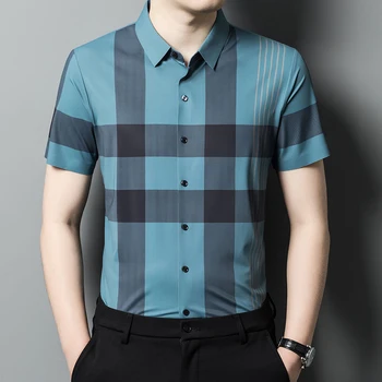 Мужская рубашка в полоску для джентльмена в европейском стиле, летняя качественная гладкая Удобная Модная роскошная Camisa Masculina