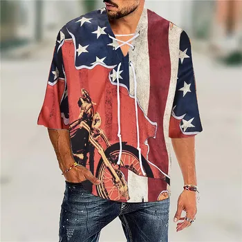 Мужская пляжная рубашка на День независимости с коротким рукавом, V-образным вырезом и принтом больших и высоких футболок с графическим рисунком для мужчин, футболка с карманом