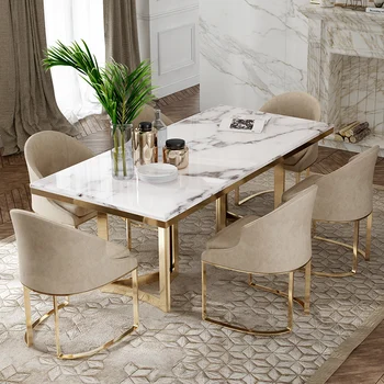 Обеденный стол из итальянского мрамора и сочетание стула, прямоугольник, простой, постмодернистский, в гонконгском стиле, роскошный, высококлассный стол в скандинавском стиле для дома