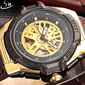 SHENHUA Ретро бронзовые автоматические механические часы Мужские часы-скелет Люксовый бренд Часы Кожаный ремешок Военные Спортивные часы