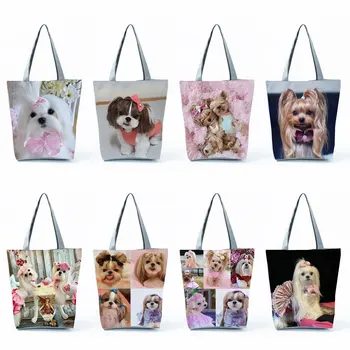 Продукты, женские сумки, сумка-тоут с изображением собаки, милые сумки для покупок с принтом Ши-тцу, пользовательские сумки через плечо большой емкости
