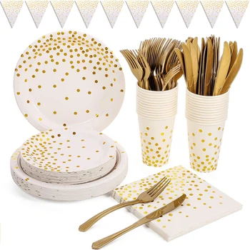 Белые и Золотые Принадлежности для вечеринок Одноразовая посуда для вечеринок Golden Dot Включает Бумажные Тарелки Чашки Салфетки, Накрытие стола На 10 персон