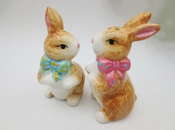 Набор керамических солонок и перечниц ручной росписи, фермерский набор солонок и перечниц (кролик с бантиком), пасхальные подарки