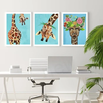 Животные Сафари, плакаты на холсте, Забавный Жираф с цветочным принтом, современные настенные панно для детской комнаты, скандинавский декор детской спальни