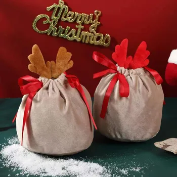 Мешочек с оленьими рогами на шнурке, Рождественский бархатный подарочный пакет, футляр для хранения конфет с заячьими ушками, украшение для вечеринки
