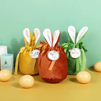 20 шт./лот, фланелевая сумка с милыми заячьими ушками, красочный пакет для упаковки конфет для вечеринки с яйцами, сумка для пасхального кролика + открытка + жемчуг