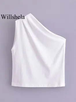 Willshela Женские модные белые плиссированные топы на бретелях Винтажные с асимметричным вырезом без рукавов Женские шикарные женские топы