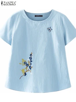 Летние хлопковые футболки ZANZEA, женские топы с цветочной вышивкой, Однотонные топы с круглым вырезом, короткий рукав, повседневные простые праздничные блузки, тройники
