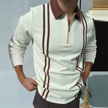 Осень 2021, мужская рубашка поло Harajuku, уличная одежда, модный принт, Повседневные мужские футболки-поло, повседневные топы с длинными рукавами на молнии с лацканами