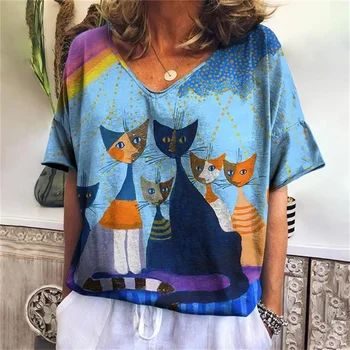Летняя футболка Y2k, женские топы, одежда с принтом кота, винтажная футболка с V-образным вырезом для девочек, короткий рукав, абстрактный пуловер, повседневная рубашка