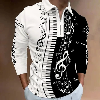 Мужская модная рубашка на молнии с 3D-принтом и графическими заметками с длинным рукавом и отложным воротником