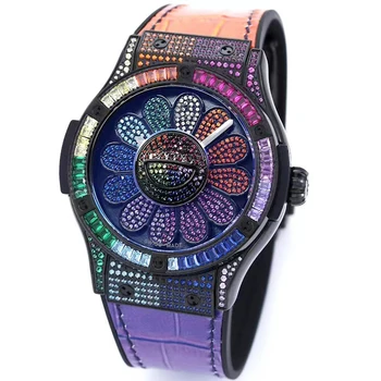 2023 Новые Механические часы с большим циферблатом, Полый Цветной Бриллиант, Сапфировое стекло, Водонепроницаемые Модные Нейтральные Круглые Резиновые часы
