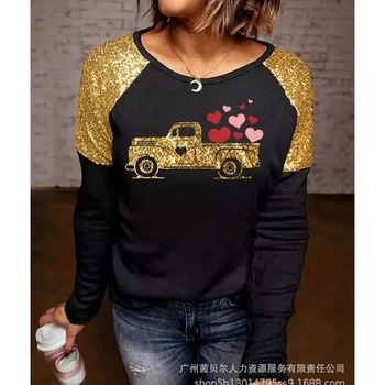 Женская футболка, весенняя модная футболка с вышивкой пайетками, женский повседневный свободный пуловер с круглым вырезом и длинным рукавом, футболка